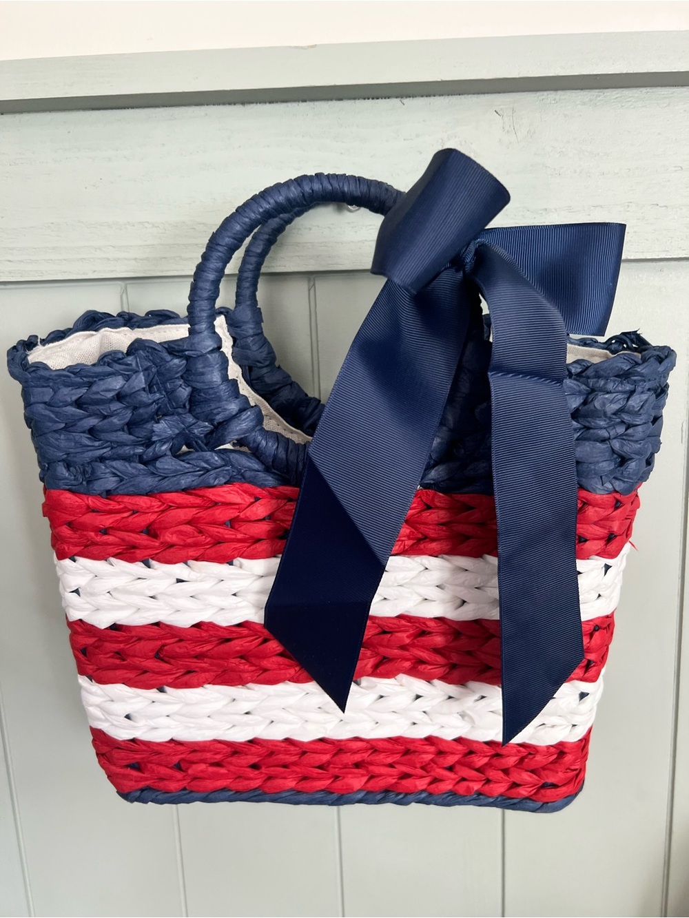 Striped Red White Navy Woven Tote Bag with Bow